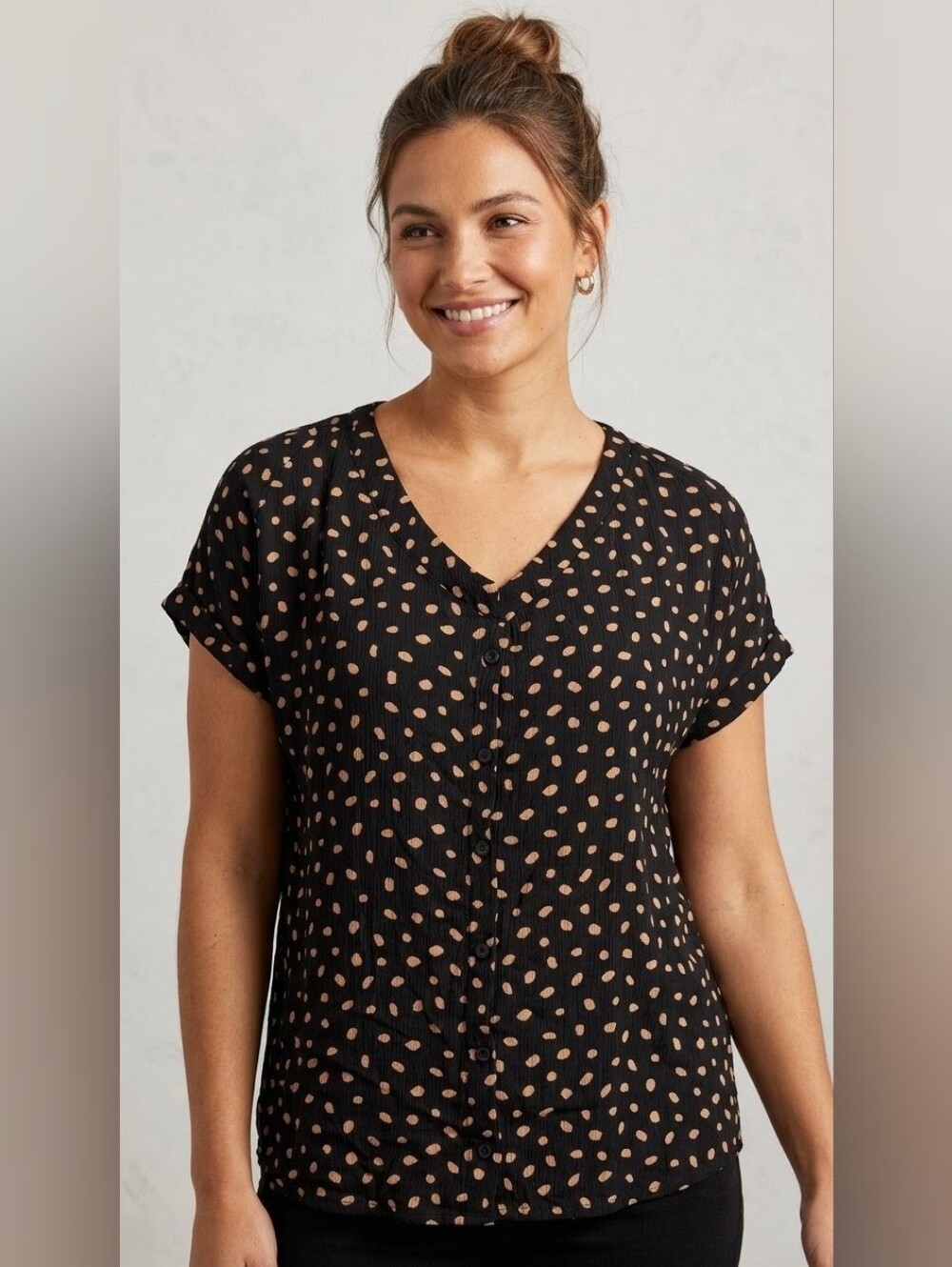 Warehouse One Black Button-Front V-Neck Polka Dot Blouse